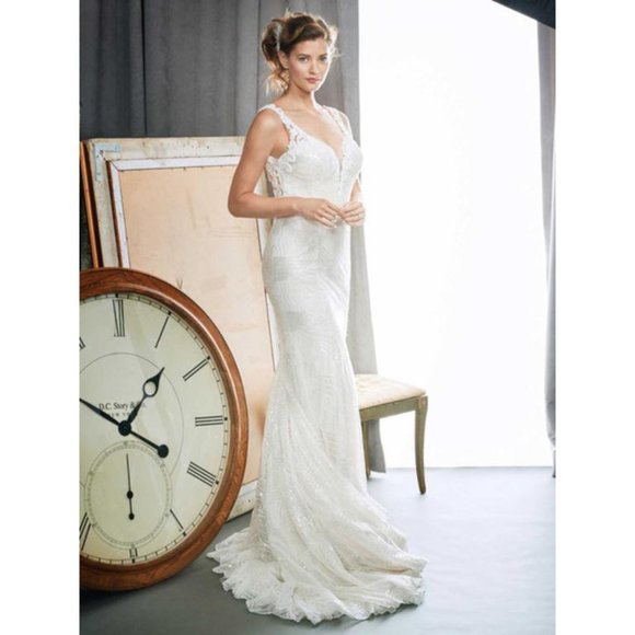 Kenneth Winston New BLING Wedding Dress, Light Gold, SEQUINS, Illusion Fit&Flare - Picture 3 of 13